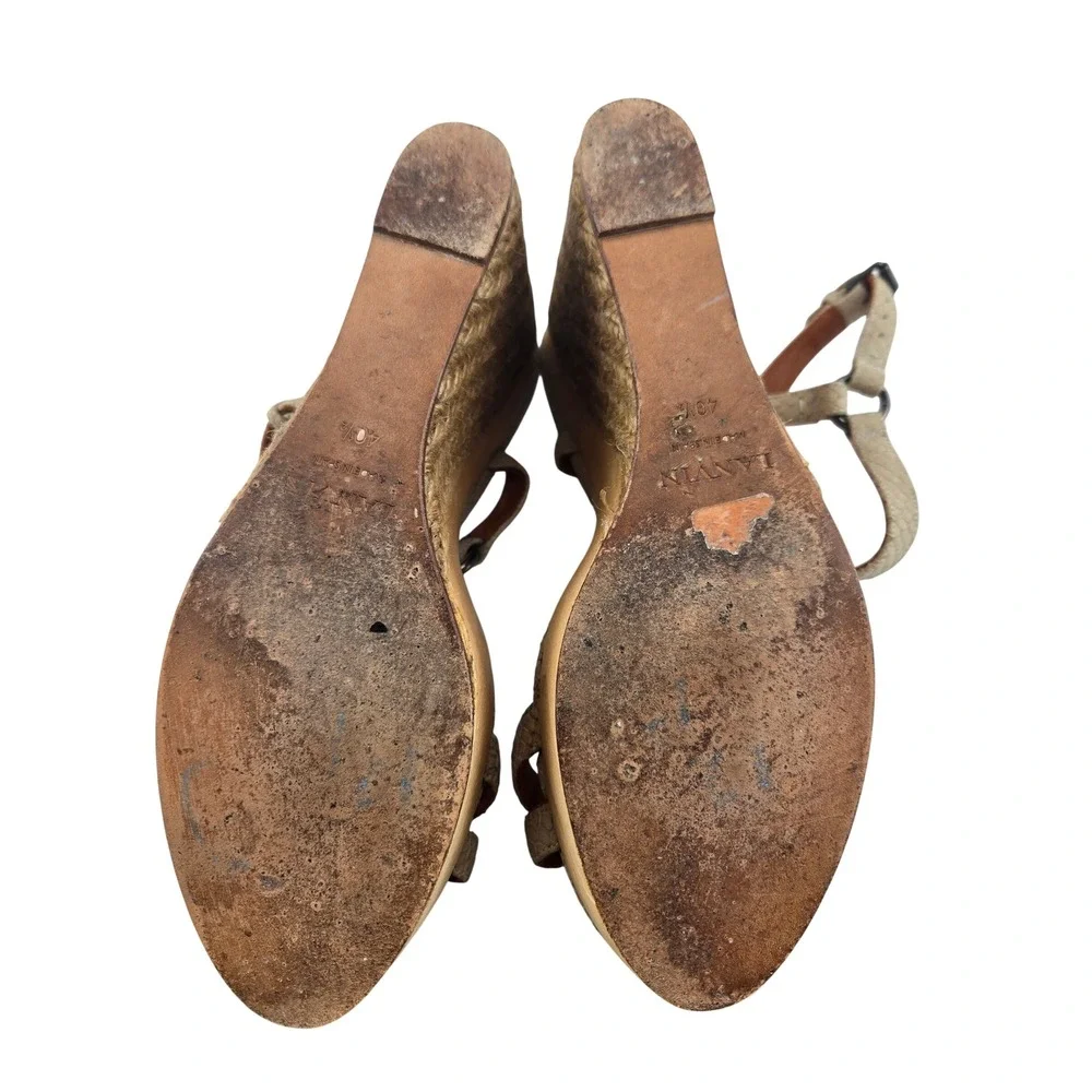 Lanvin‎ Paris Snakeskin Embossed Leather Espadrille Wedge Sandals Beige 40.5